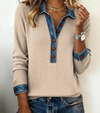 Silvia | Top de punto patchwork con detalles denim - Soryana