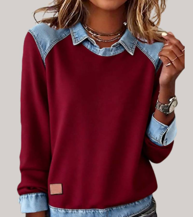 Silvia | Top de punto patchwork con detalles denim - Soryana