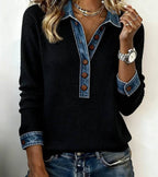 Silvia | Top de punto patchwork con detalles denim - Soryana