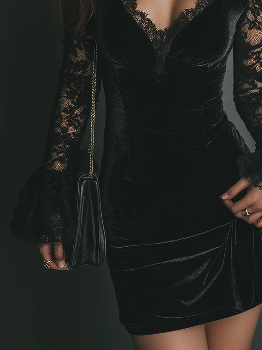 Lunori™ | Vestido mini de terciopelo y encaje Luna - Soryana