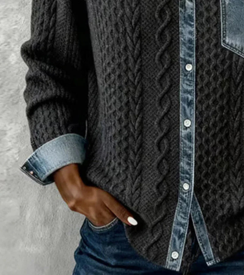 Ambra | Top de punto patchwork con detalles denim - Soryana