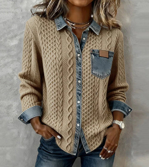 Ambra | Top de punto patchwork con detalles denim - Soryana