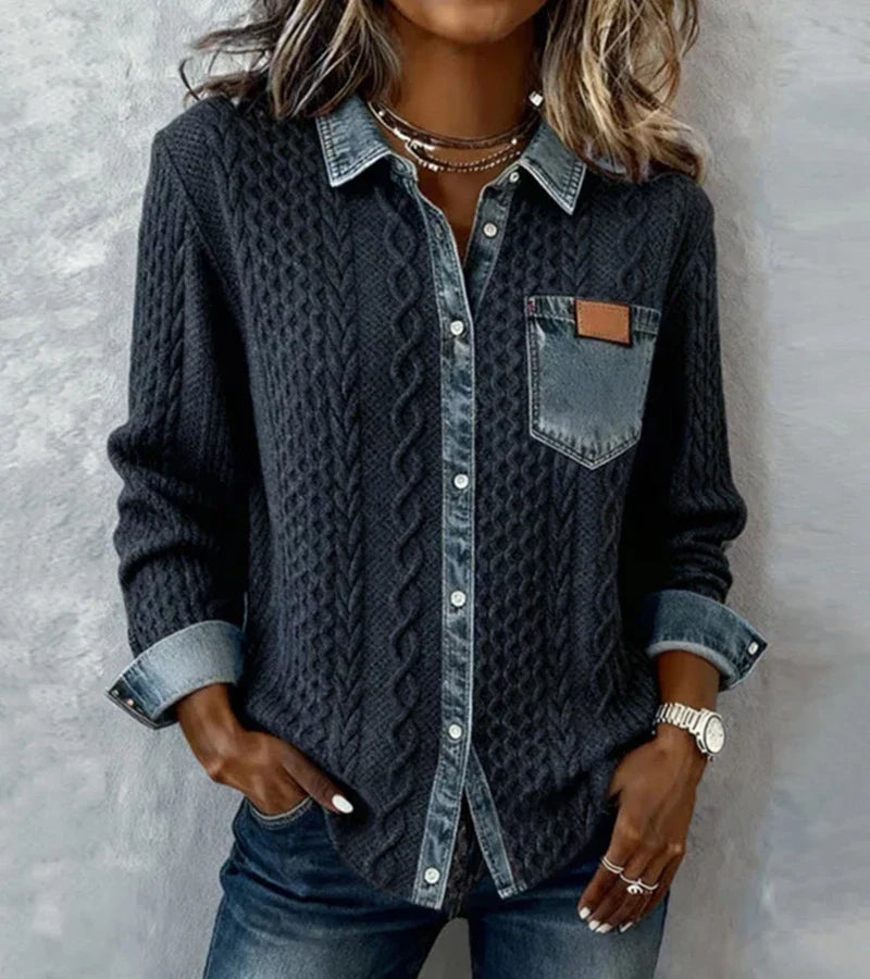 Ambra | Top de punto patchwork con detalles denim - Soryana